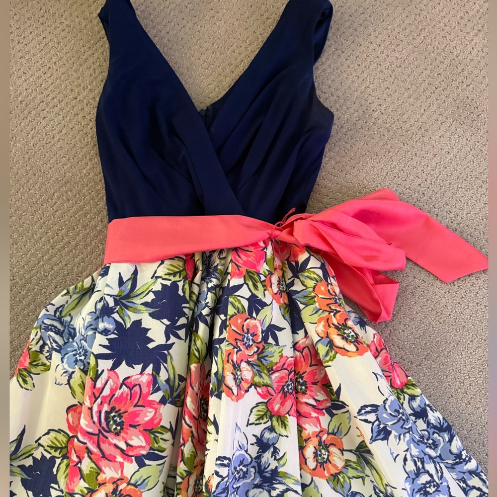 🩷Leslie Fay Floral Navy Blue & Coral Pink V-Neck Maxi Dress size 6 EUC - Picture 3 of 14